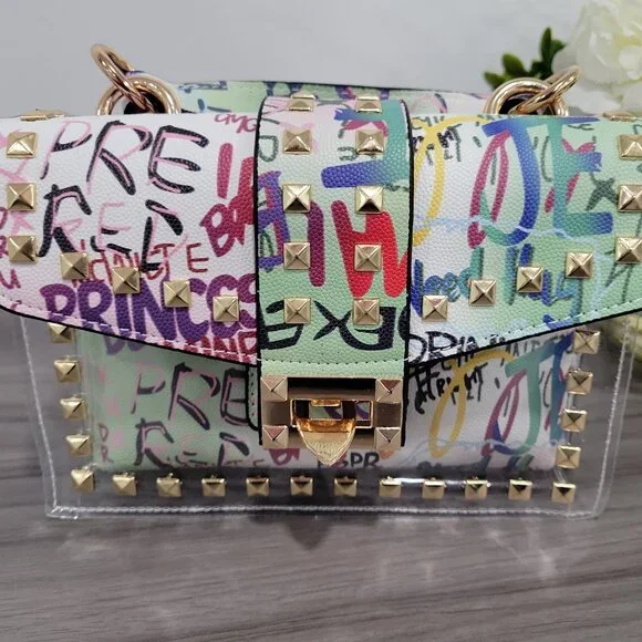 ๐ Graffiti Print Clear 2pc Crossbody Clutch w/ Studs & Removable Zippered Pouch - Picture 4 of 13